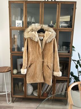 Vintage Suede Leather Shearling Hooded Coat in Camel - 3/4 Length